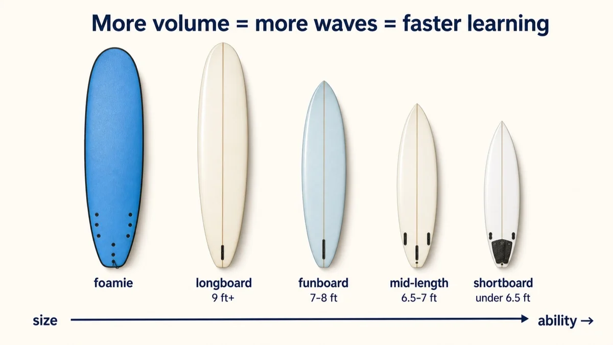 Progression from bigger floatier boards to smaller boards as ability increases.