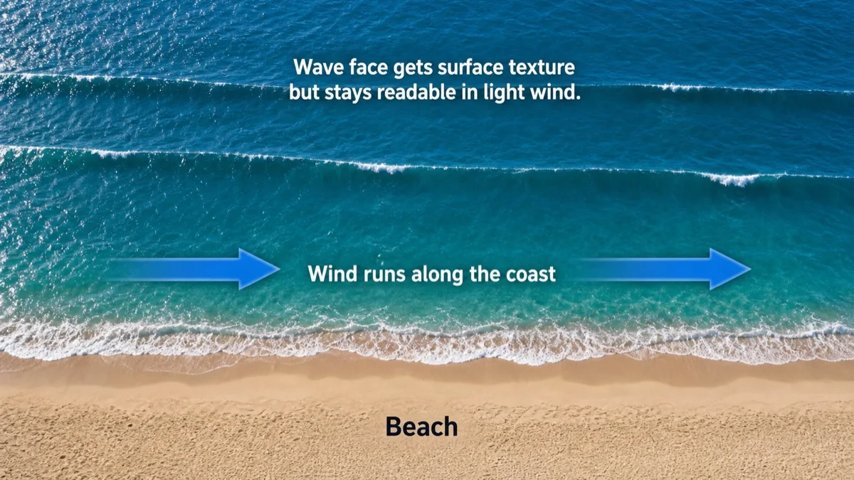 Cross-shore wind blows along the coast and runs across the wave face.