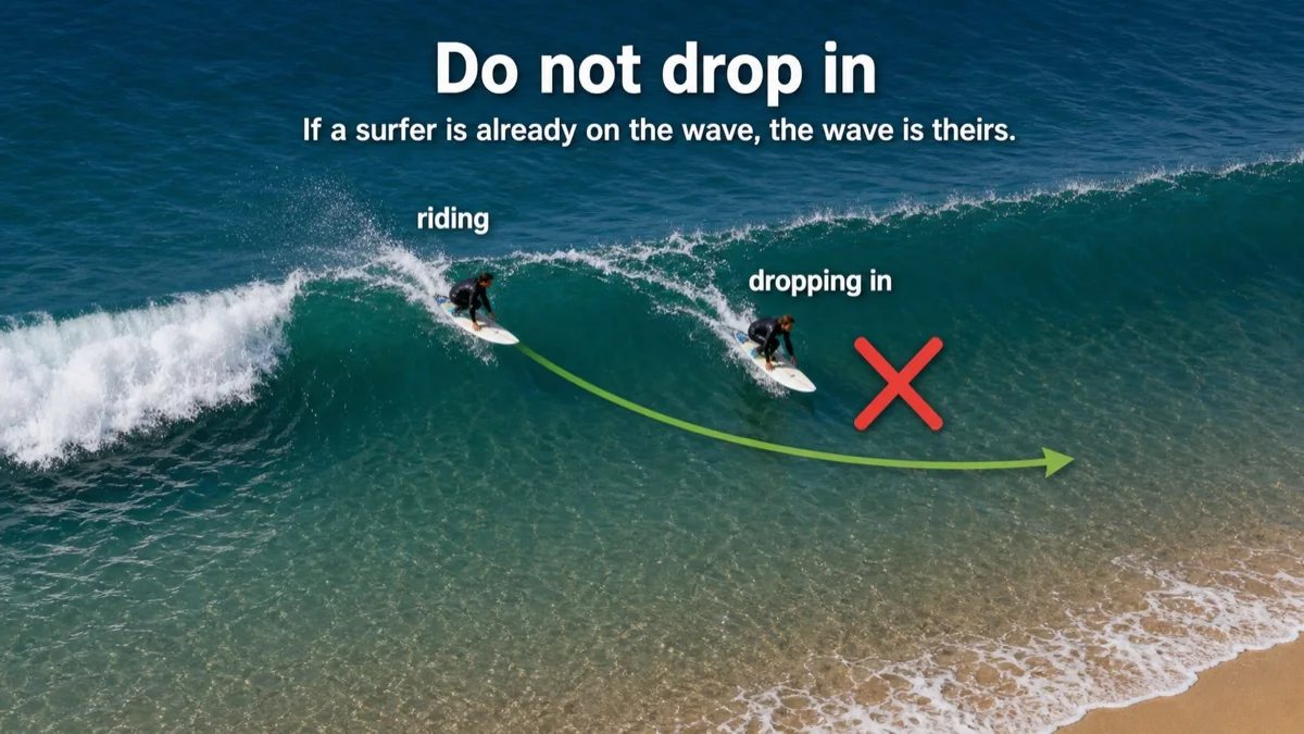 Dropping in means taking off in front of a surfer who is already riding.