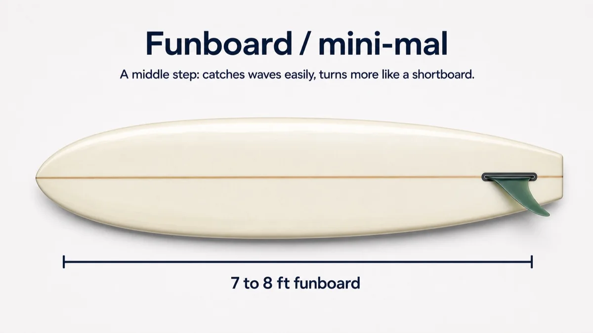 A funboard or mini-mal is shorter than a longboard but still wide and floaty.