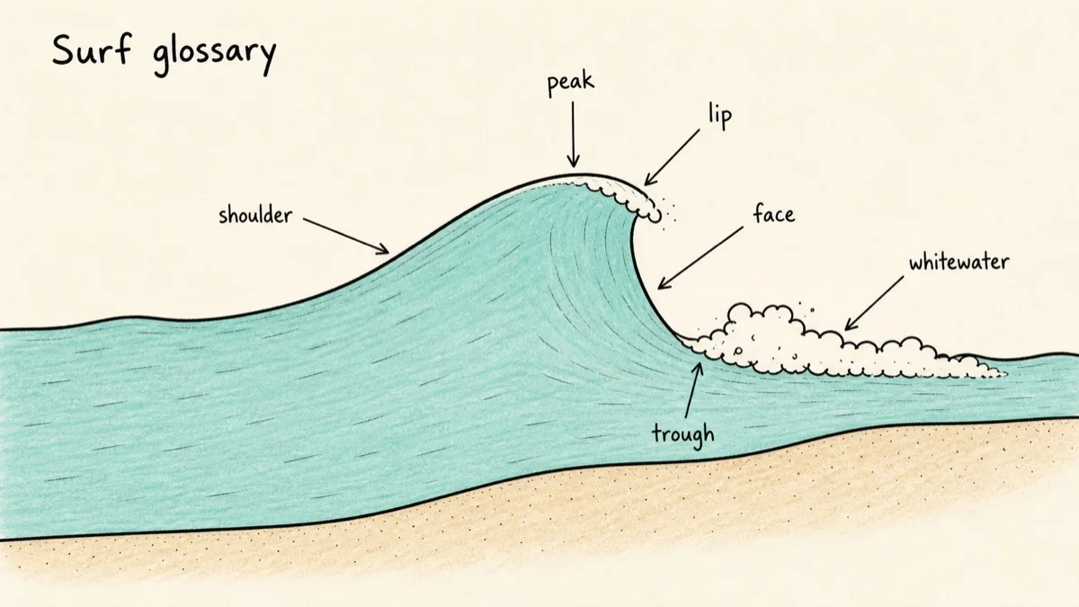 Surf glossary diagram labeling the peak, lip, face, shoulder, trough and whitewater.