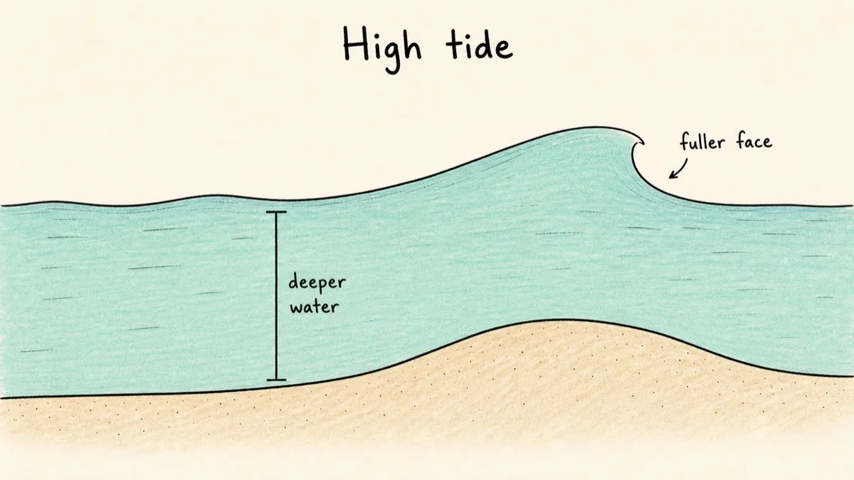 At high tide the water is deeper over the sandbar, so waves are fuller and softer.