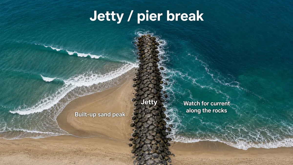 Top-down view of a jetty break where the structure builds a sand peak on one side.