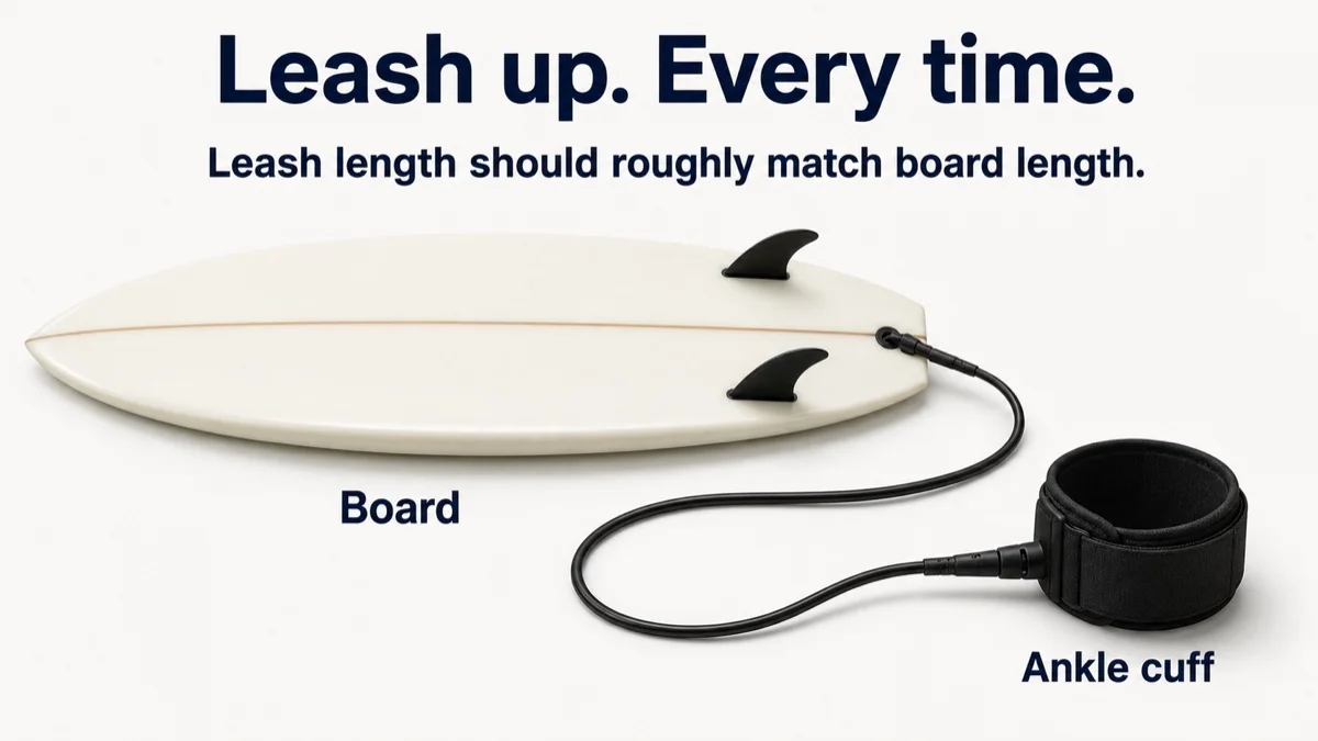A leash keeps your board from washing away and connects to your ankle cuff.