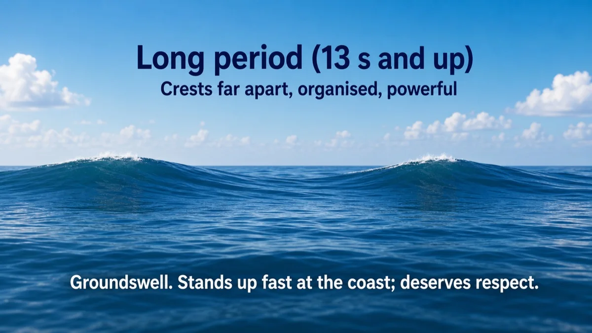 Long period waves arrive far apart, with organised power between sets.