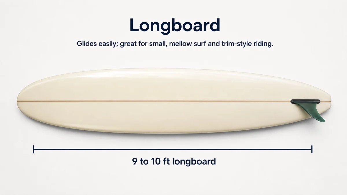A longboard is long, floaty, faster and more responsive than a soft top.
