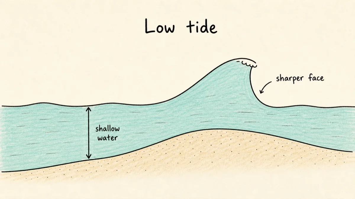 At low tide the water is shallower over the sandbar, so waves break harder.