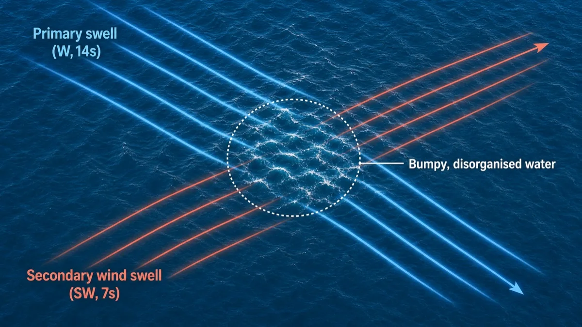 Two swells from different directions mix into bumpy disorganised water.
