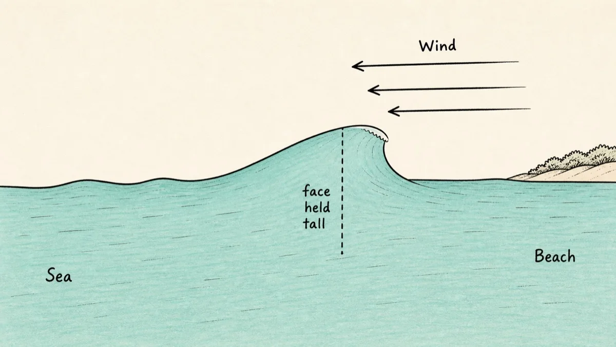 Offshore wind blows from land toward sea and holds the wave face taller and cleaner.
