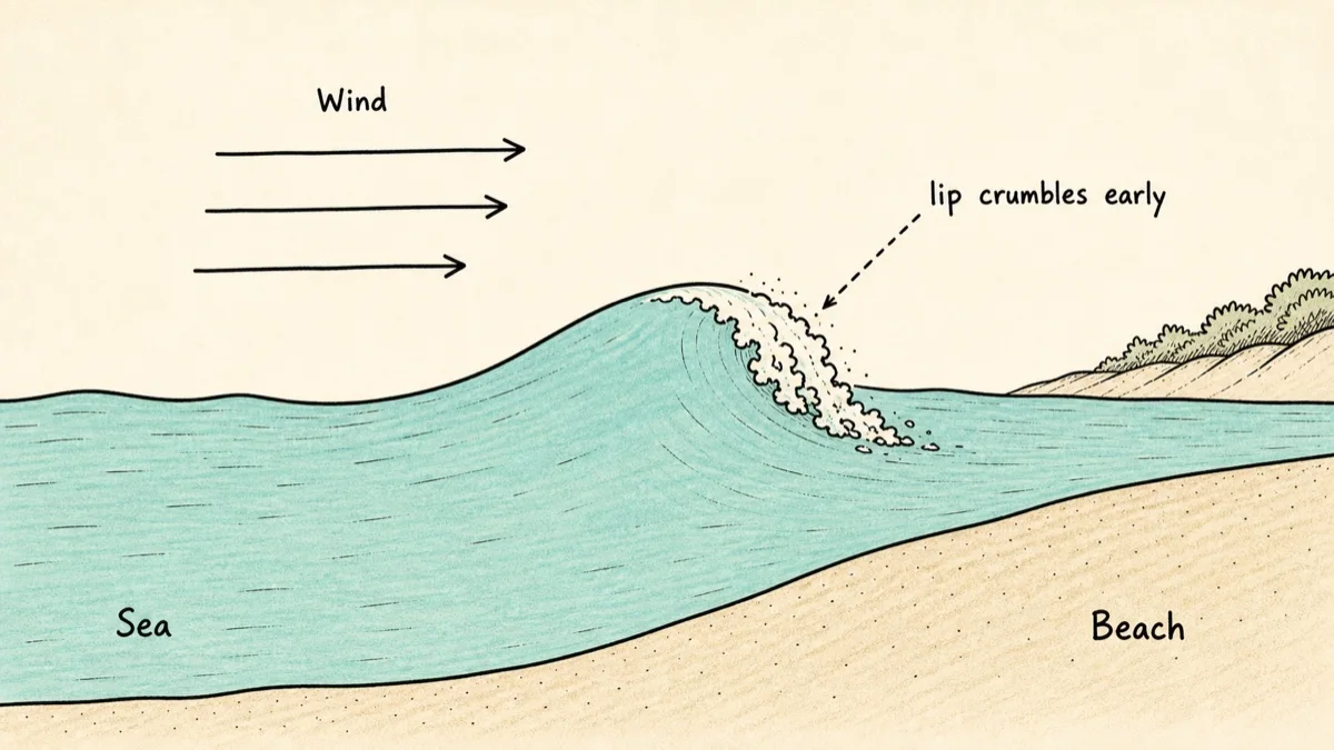 Onshore wind blows from sea toward land and pushes the lip over early.