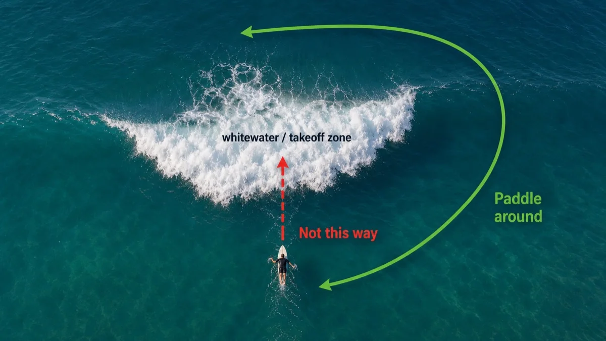 Paddle back out around the breaking zone, not through the takeoff lane.