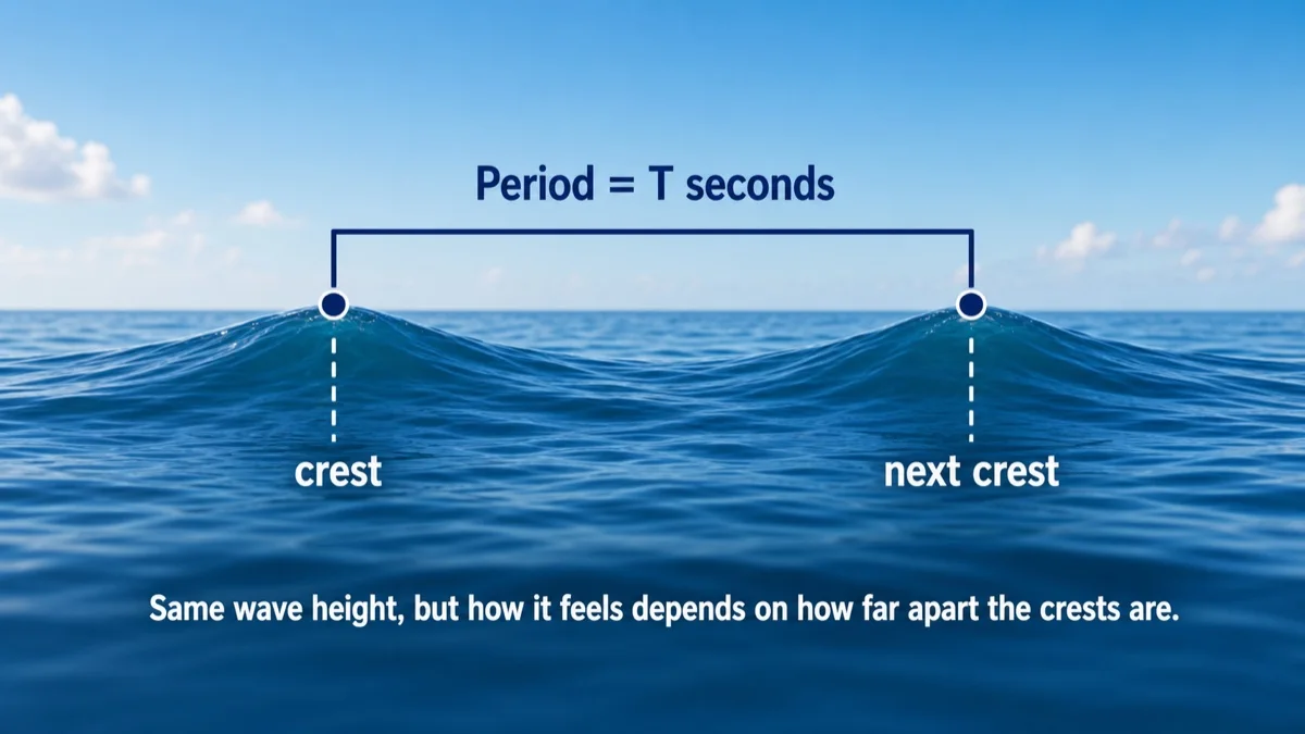 Period is the time in seconds between one wave crest and the next.