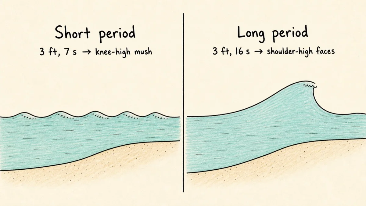 Same height swell at short versus long period breaks very differently at the coast.