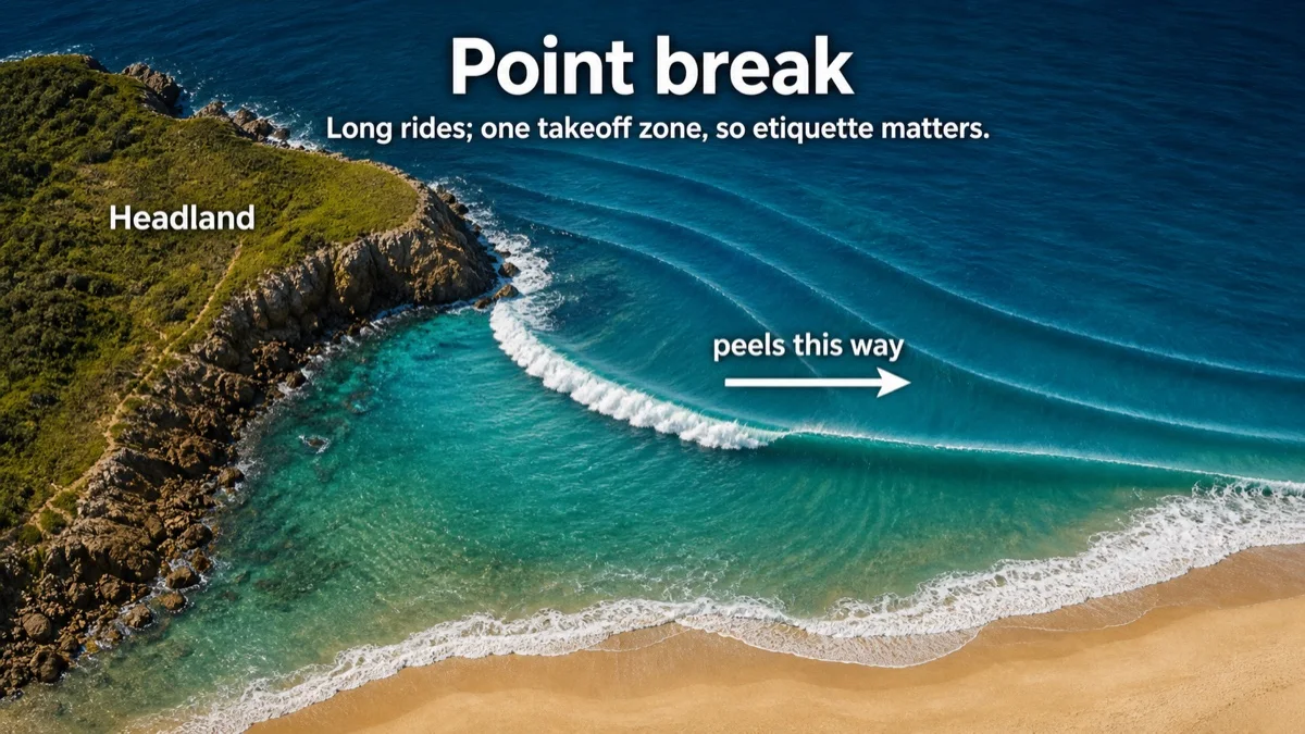 Top-down view of a point break where swell wraps around a headland and peels in one direction.