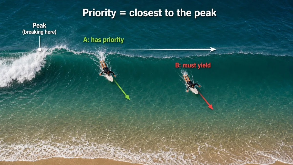 The surfer closest to the breaking peak has priority.