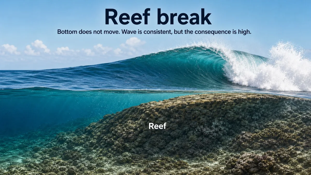 Side view of a reef break where the wave breaks over a hard rock or coral bottom.