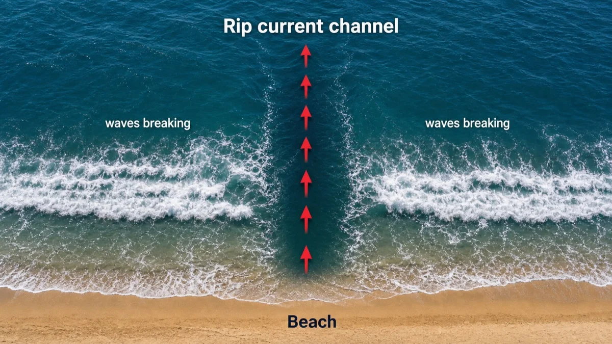 Top-down view of a rip current channel flowing back out to sea between sandbars.