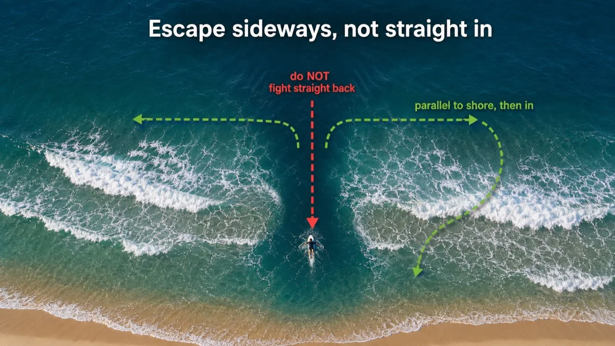 If caught in a rip, swim parallel to shore until you are out of the channel, then turn in.