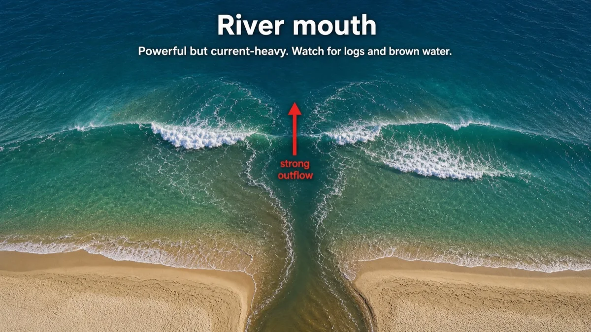 Top-down view of a river mouth where outflow shapes a sandbar and produces strong current.