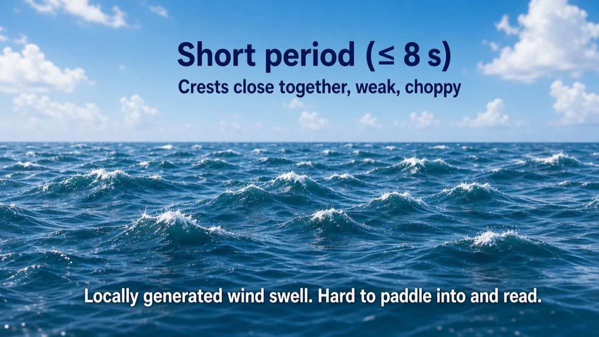 Short period waves arrive close together, looking choppy and disorganised.
