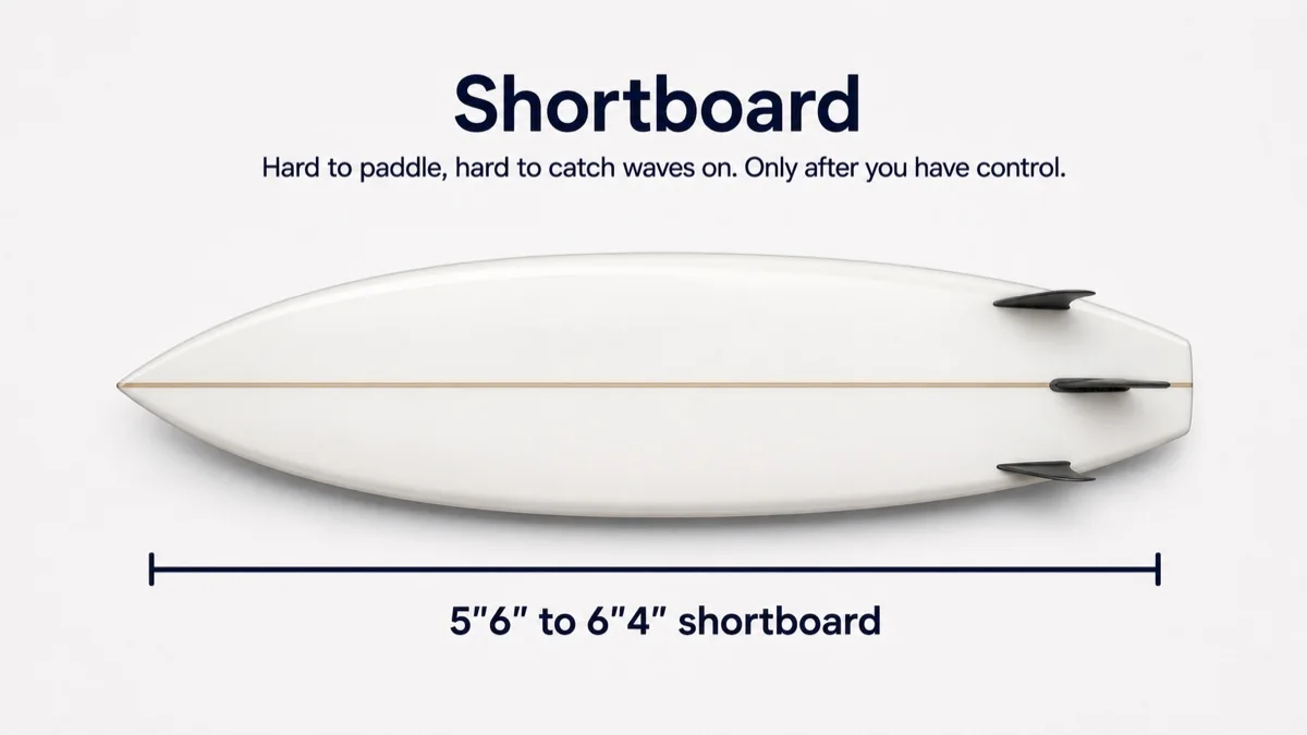 A shortboard is narrow, low-volume and pointy, designed for steep waves and quick turns.