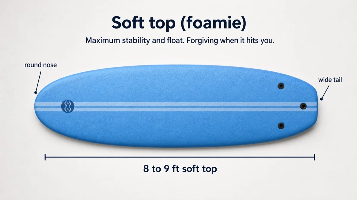 A soft top foam board is long, wide and forgiving, the easiest board to learn on.
