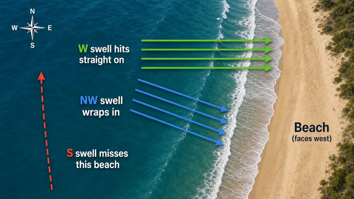 Top-down view of a coast showing swell directions hitting or missing a west-facing beach.