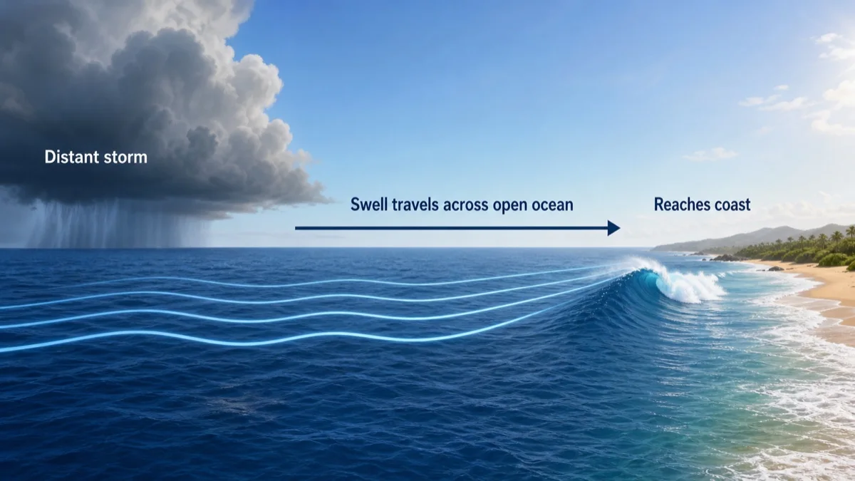 A distant storm sends swell energy traveling thousands of miles to reach the coast.