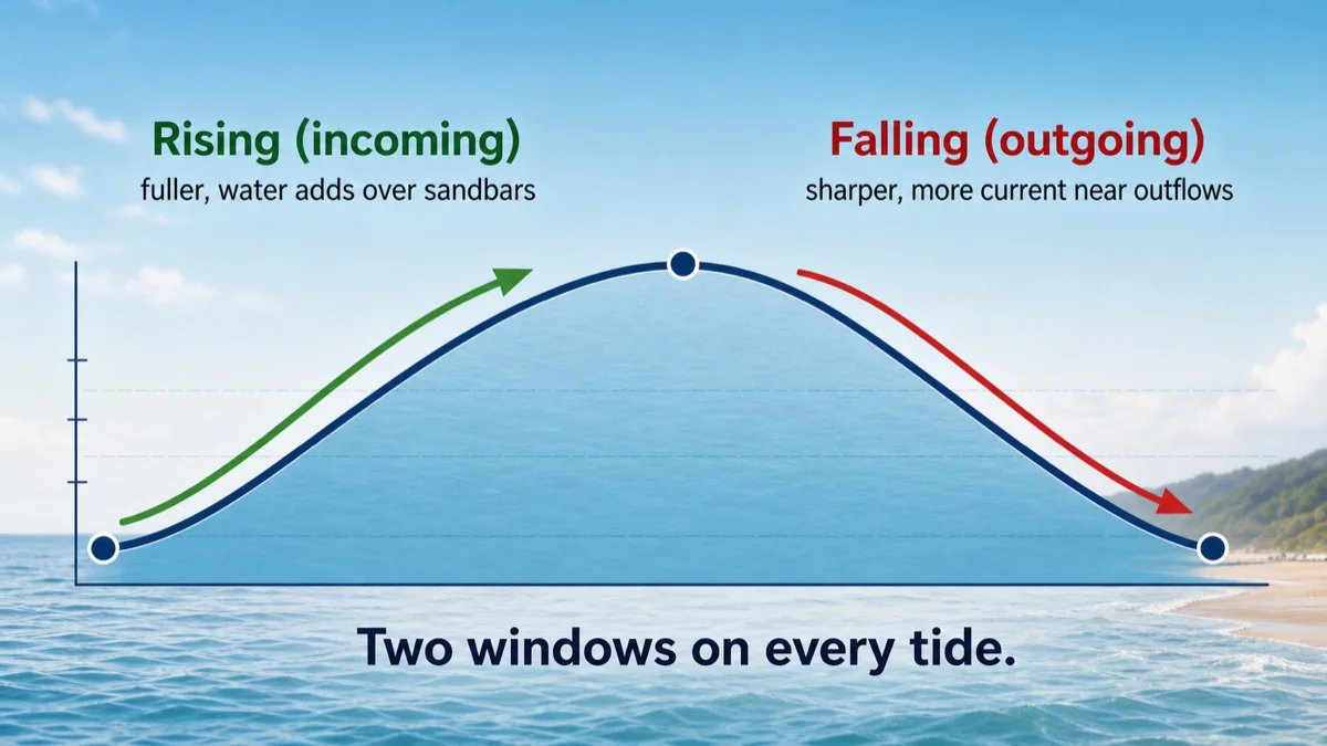 Rising tide is water on its way in; falling tide is water on its way out.