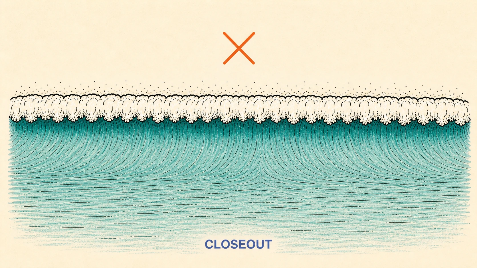 Hand-drawn closeout wave in open water with a straight lip curling over across the whole line.